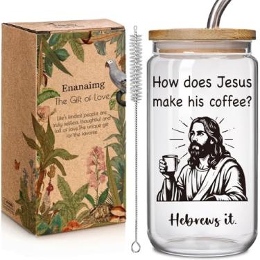 Imagem de Copo de vidro engraçado de 473 ml com tampa de bambu e palha Presentes de Natal para mulheres e homens, How Does Jesus Make His Coffee?Hebrews It, presente religioso para idosos, seu pastor, presente