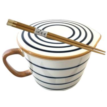 Imagem de MOMOZEE Tigela de macarrão de cerâmica, conjunto de tigelas de ramen seguro para micro-ondas com pauzinhos, tampa, tigela de sopa com alça, tigela de ramen de cerâmica Larg para presente (pauzinhos +