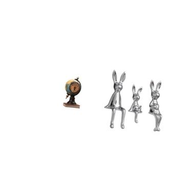 Imagem de Fenteer Relógio de Mesa Moderno com Estátua de Família de Coelhos em Um Globo Terrestre, Peça de Colecionador, Ornamento Artesanal para Escritório, Lareira, Q