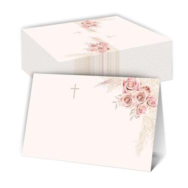 Imagem de DRWJPAT Cartões de batismo, cartão de nome floral boho para mesa, 25 cartões de mesa religiosos para jantar de batismo de primeira comunhão, decorações de presentes de batismo para meninas e meninos