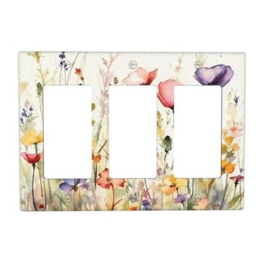 Imagem de BHGAHD Capas de tomada decorativas flores silvestres coloridas em aquarela com papoulas, placa de parede de 3 turmas, capas de interruptor de luz tripla para quarto, sala de estar, escritório