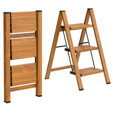 Imagem de HBTower Escada de degrau, banqueta dobrável de alumínio leve com pedal largo antiderrapante, escada de degrau com capacidade de 150 kg para casa, cozinha, escritório - madeira