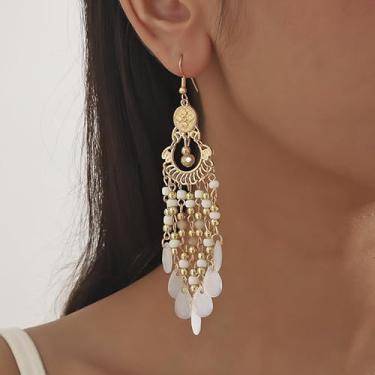 Imagem de Brincos femininos com pingente de borla dourada, opção de 3 cores (branco/azul/preto) brincos boêmios, joias modernas para festas e uso diário, One Size, Metal Vidro, Sem pedra preciosa