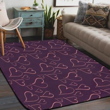 Imagem de Tapete de área para sala de estar, lavável à máquina, estampa de coração, roxo, antiderrapante, tapete macio, para sala de estar, quarto, sala de jantar, berçário, cozinha, decoração de casa