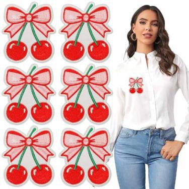 Imagem de 6 peças de laço vermelho cereja bordado emblema bonito de frutas gancho e laço feminino moral emblema sem necessidade de passar a ferro ou costura aplique para roupas, bolsas, jaquetas, jeans, arreios