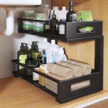 Imagem de Pacote com 1 organizador embaixo da pia de 48 cm de profundidade, organizador de armário de 2 camadas com trilho circular liso, gavetas deslizantes de malha metálica de grande capacidade para