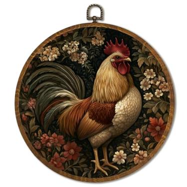 Imagem de Arte de parede redonda vintage inspirada em William Morris, impressões em tela de galo vintage com design floral, decoração emoldurada de arte de parede animal para casa, banheiro, sala de estar