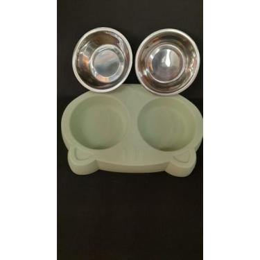 Imagem de Comedouro Duplo PET para Cães e Gatos Tigelas em Inox Removíveis 34ml 