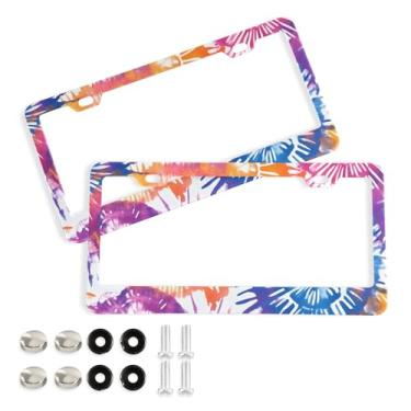 Imagem de CEBUGI Pacote com 2 molduras de placa de carro de alumínio capas de moldura de placa de carro com 2 furos coloridos tie-dye acessórios automotivos para placas dianteiras e traseiras orifício elíptico