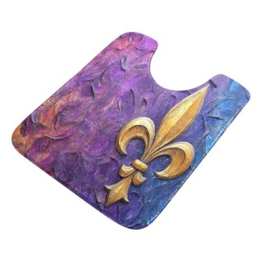 Imagem de Burbuja Tapete de banheiro Mardi Gras Fleur-de-lis, tapete de banho absorvente de pelúcia macio, base antiderrapante para piso de banheiro, oval em forma de U