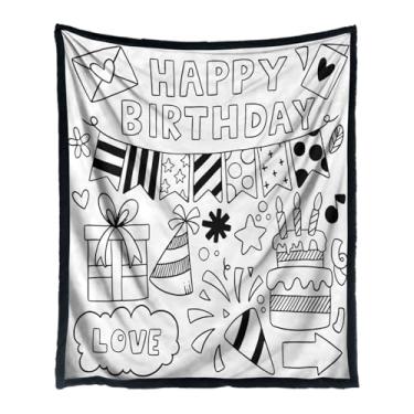 Imagem de Cobertor para colorir - Tema de feliz aniversário lavável - Cobertor de colorir para artesanato infantil - para família, meninos, meninas, amantes de arte, sala de estar, acampamento, sala de aula