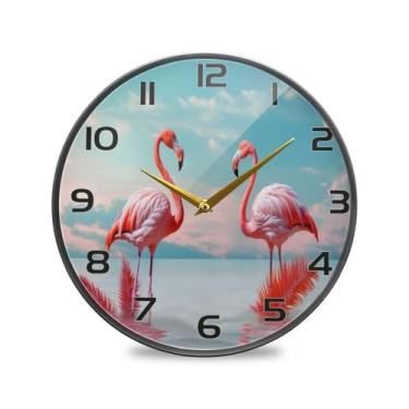 Imagem de YETTASBIN Relógio de parede de acrílico flamingo - Silencioso, sem tique-taque, operado por bateria, relógio redondo decorativo criativo para cozinha, sala de estar, banheiro, decoração de escritório