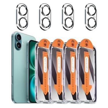 Imagem de Pacote com 4 + 4 protetores de tela de privacidade para iPhone 16 com protetor de lente de câmera cobertura total, película de vidro temperado anti-espião, dureza 9H, fácil instalação, sem bolhas [6,1