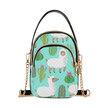 Imagem de TSENQUE Bandeira Americana EUA Bolsa feminina sobre o ombro estampada alça corrente bolsa de telefone Lady Bowler Satchel, Lindos cactos de lhama alpaca, 5.91x3.15x8.27inches