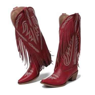 Imagem de Grakihily Botas de cowgirl para mulheres, retrô, bico fino, sem cadarço, salto grosso, borla, country, roupas de concerto, botas de caubói com franjas ocidentais de cano médio, Pu./vermelho, 36