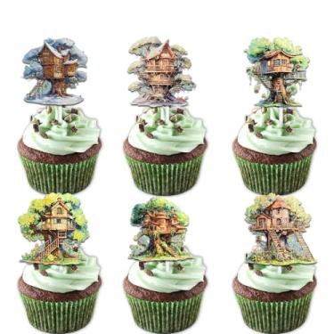 Imagem de Conjunto de 18 peças de enfeite de cupcake verde com glitter para casa da árvore Cheer to Forest Woodland Jungle Tema Chá de Bebê Decoração de Festa Escolhas para Meninos e Meninas, Feliz Aniversário