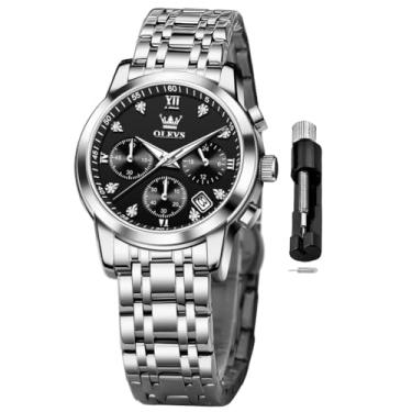 Imagem de OLEVS Relógio feminino multifuncional em dois tons, moderno, analógico, quartzo, feminino, aço inoxidável, à prova d'água, diamante, para mulheres, Relógio preto prateado 2858, relógio feminino