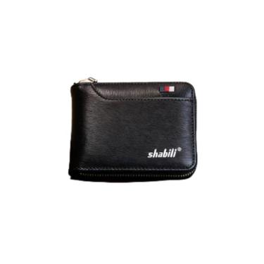 Imagem de Carteira curta masculina dobrável de couro, dobrável fina com bolsos para cartão (preto)