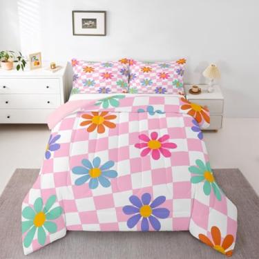 Imagem de jejeloiu Jogo de cama solteiro com estampa floral, rosa, branco, para crianças, meninos, meninas, margarida colorida, xadrez, decoração de quarto de microfibra, 2 peças com 1 fronha