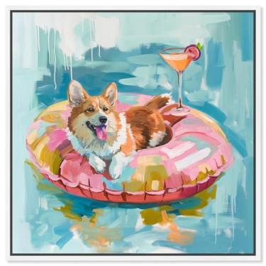 Imagem de Art Remedy Impressão de arte fofa para animais de estimação em tela junto à piscina, moldura branca, 50,8 cm x 50,8 cm