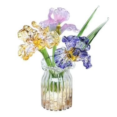 Imagem de Lovmeety Mini flores de vidro com vaso, decoração de flores de cristal feitas à mão, arranjos de flores de íris, buquê de flores de vidro para casa, escritório, prateleira, mesa, centro de mesa