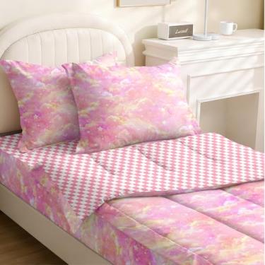 Imagem de Yadangxiawa Jogo de edredom infantil, solteiro, com zíper, estampa de nuvem rosa, lençol com elástico e fronhas para todas as estações (solteiro com nuvem)