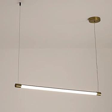 Imagem de Luminária pendente linear tubular de 35,4 polegadas, luminária suspensa com detalhes em acrílico canelado, lustre de metal dourado, luminárias de suspensão LED modernas, luzes de LED ultrafi