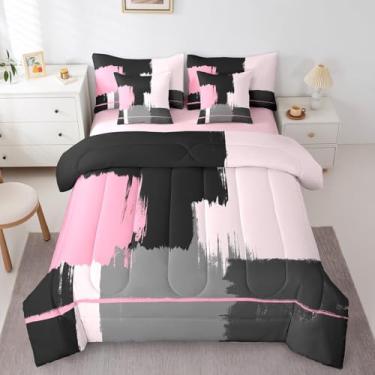 Imagem de Feelyou Conjunto de cama casal, rosa, preto, cinza, 7 peças, geométrico, arte abstrata, para meninos, meninas, moderno, abstrato, em uma bolsa
