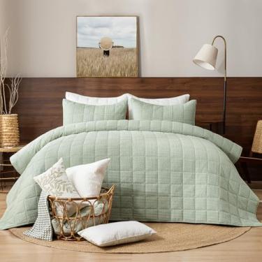 Imagem de PHF Conjunto de colcha 100% algodão waffle, tamanho Queen (228 x 228 cm) - leve com canal quadrado, conjunto de colcha acolchoada aconchegante, decoração de casa, 1 cobertor macio com 2 fronhas