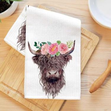 Imagem de Toalhas de cozinha de vaca rústicas, flor artística decorativa absorvente pano de prato de microfibra toalha de chá, toalhas de mão macias de waffle para casa de fazenda, casa de banho, presentes de
