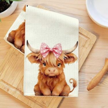 Imagem de Toalhas de cozinha de vaca fofas, laço rosa dente-de-leão decorativo absorvente pano de prato de microfibra toalha de chá, toalhas de mão macias de waffle para casa de fazenda, casa de banho
