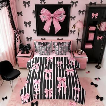 Imagem de Erosebridal Conjunto de edredom de 7 peças com laço rosa e preto, para crianças, meninas, mulheres, lençol com laço fofo em uma bolsa, conjunto de cama de princesa coquete, decoração de quarto