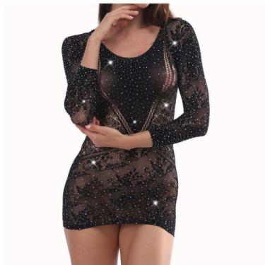 Imagem de Vestido Camisola Sobreposição Arrastão Bodystocking - LONTCHI, Preto, 
