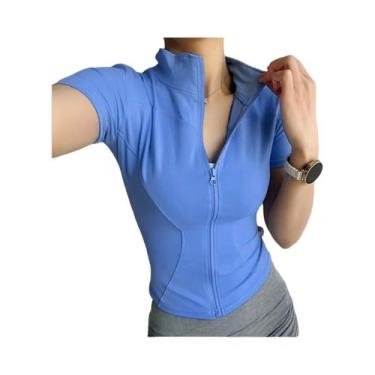 Imagem de Camisetas De Yoga Femininas Slim Fit De Verão Com Gola Alta, Zíper, Ma