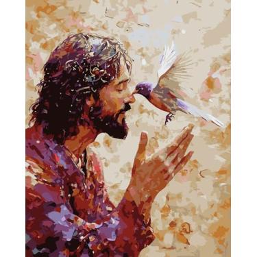 Imagem de Pintura por números para adultos iniciantes, kit de pintura para adultos beija-flor cristão Jesus por números em tela, pintura fácil a óleo acrílico DIY por números para decoração de parede de casa