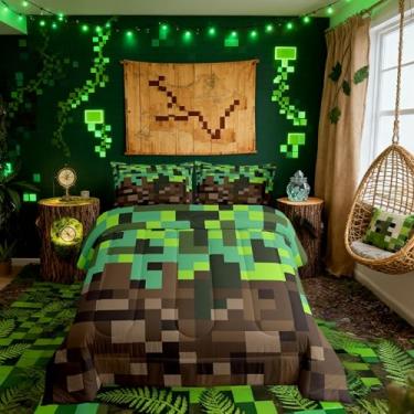 Imagem de Conjunto de edredom infantil Miners Pixel Checked, tamanho casal, videogame, xadrez, decoração de quarto de meninas, meninos, conjunto de edredom com estampa de gamepad, edredom verde e marrom, 2