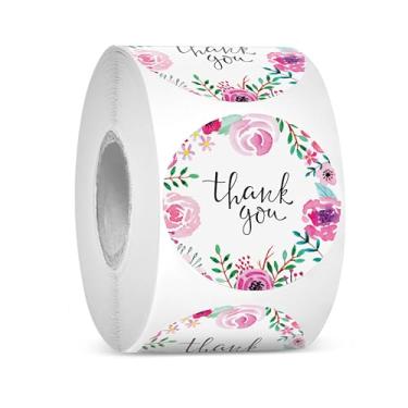 Imagem de Adesivo com etiqueta Thank You 3,8 cm, redondo, rosa, cor de água, design de flores, 500 etiquetas, Pink Watercolor