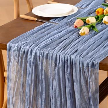 Imagem de Jimtx 8 peças Caminho de mesa de gaze azul empoeirado 55 × 30 cm Boho Gaze Runner para primavera casa fazenda casamento bebê chá de noiva festa de aniversário cerimônia