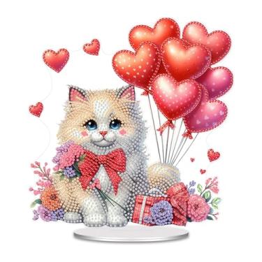 Imagem de BAYUNOE Ornamento de mesa de pintura de diamante feito à mão DIY Dia dos Namorados arte de diamante decorado de um lado diamante enfeites de mesa para decoração de casa gato