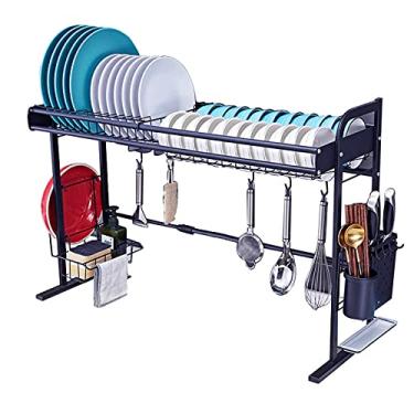 Imagem de U5GAAALPPQ9 Rack de drenagem de pratos, suporte de talheres, comprimento retrátil, ajuste a largura com cesta de talheres para tampas de panelas de todas as formas e tamanhos, preto