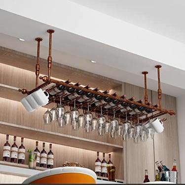 Imagem de Prateleira de vinho pendurada altura ajustável suporte de garrafa de vinho de teto suporte de garrafa de vinho bar vintage industrial rack de vidro de vinho metal ferro suporte de garrafa de vinho
