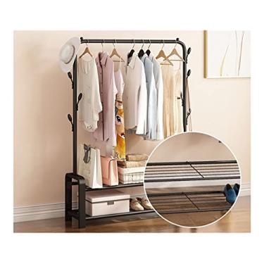 Imagem de Suporte de roupas independente com rodas prateleira de armazenamento para organizar roupas e sapatos, 4 ganchos laterais, economia de espaço (cor: branco, tamanho: médio) (preto médio)