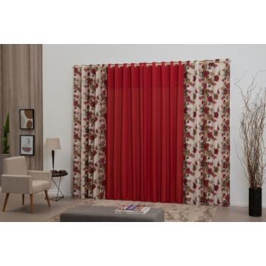 Imagem de Cortina Florata com Ilhós, Tecido Rústico Texturizado Floral, 2.00x1.70m, 60% Algodão 40% Poliéster (vermelho)