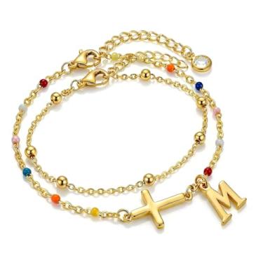 Imagem de KummerSaprk Pulseira feminina com letras cruzadas, inicial dourada, corrente ajustável, pulseira religiosa com contas mínimas para uso diário e ocasiões inspiradas na fé, Large, Zinco, Sem Pedra