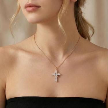 Imagem de Colar de cruz de coroa para mulheres - banhado a ouro 14 k/ouro rosa/prata pingente de cruz delicada - joia de fé religiosa - elegante presente de ano novo, colar simples e fofo, 18"+2" extend, Metal