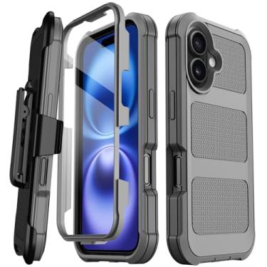 Imagem de Stroson Capa para iPhone 16, [protetor de tela embutido] Capa de proteção contra quedas de grau militar resistente à prova de choque para iPhone 16 com suporte e clipe de cinto coldre de 6,1 polegadas