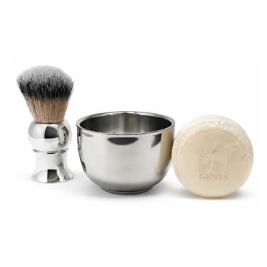 Imagem de GENTS – Kit de barbear tradicional masculino – Conjunto de 3 peças de aço inoxidável com tigela de aço, sabonete de barbear natural e escova sintética – Presente perfeito para cuidados pessoais