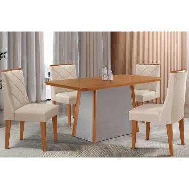 Imagem de Conjunto Sala de Jantar Tilia c/ Tampo Madeirado Canto Curvo 120x80cm e 4 Cadeiras Pietá Madeira Maciça Naturale/Off White - Capuccino/Suede Creme-Ruf
