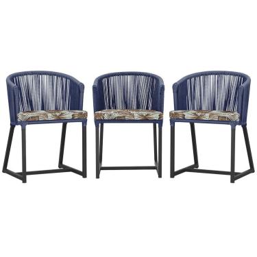 Imagem de 3 Cadeiras De Jantar Noronha Preta Corda Náutica E6 Trama Azul