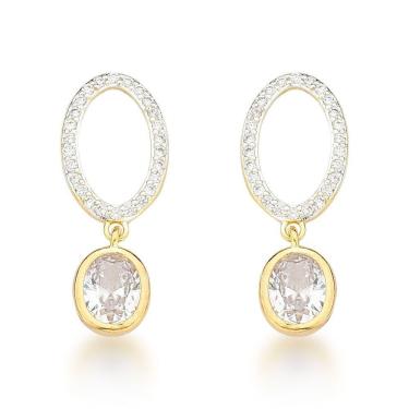 Imagem de Brinco Oval Vazado E Com Zirconia Banhado A Ouro 18k